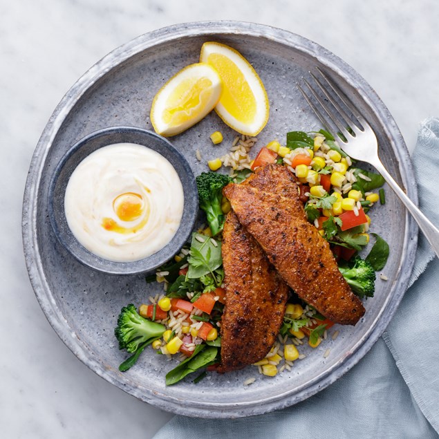 Cajun Style Blackened Fish with Veggie-Packed Rice and Mango Yoghurt