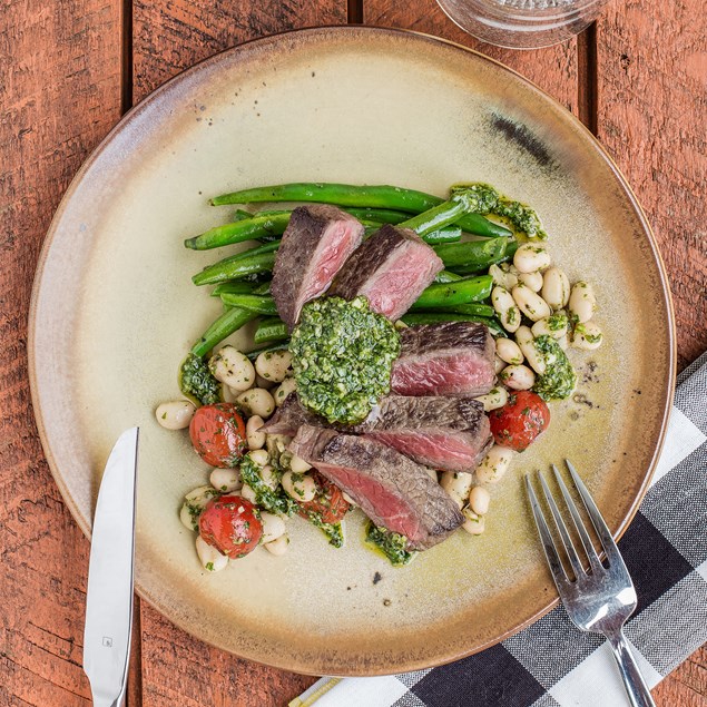 Beef with Scorched Cherry Tomatoes and Beans