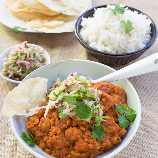 Pumkin Dhal with Pear Pickle and Poppadums
