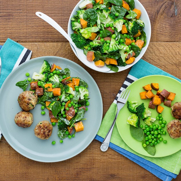 Surprise Chicken Bites with Roast Kumara and Spinach Salad