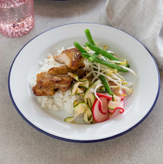 Teriyaki Chicken with Courgette Radish Pickle and Sesame Vegetables 