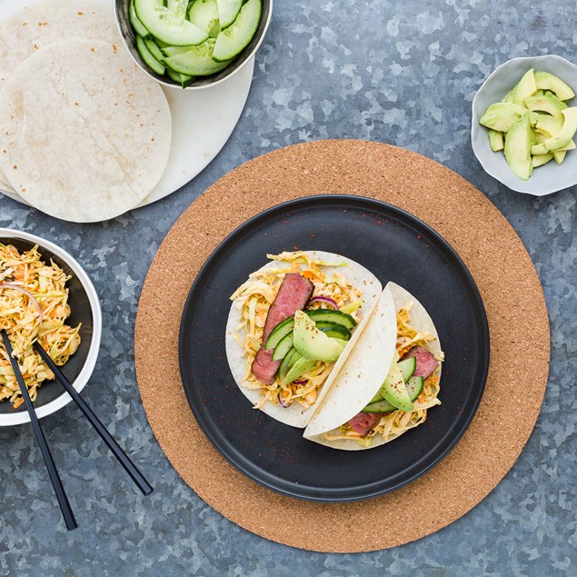 Korean Style Beef Tacos with Kimchi Slaw and Avocado