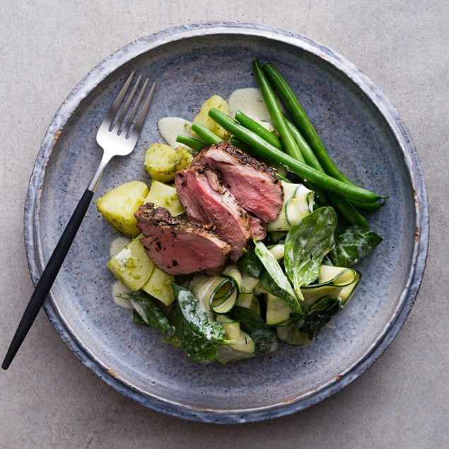 Lamb Rump with Pesto Potatoes and Creamed Spinach