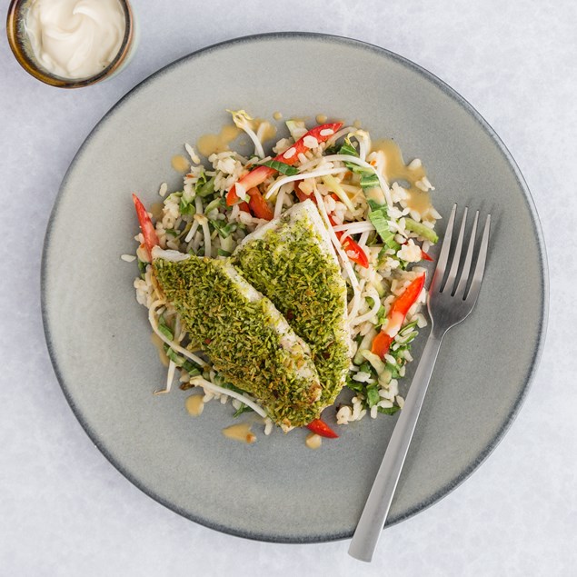 Makrut Lime and Coconut Fish with Bok Choy Rice Salad