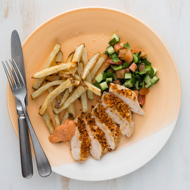 Crumbed Chicken with Garlic Fries and Smoked Tomato Aioli