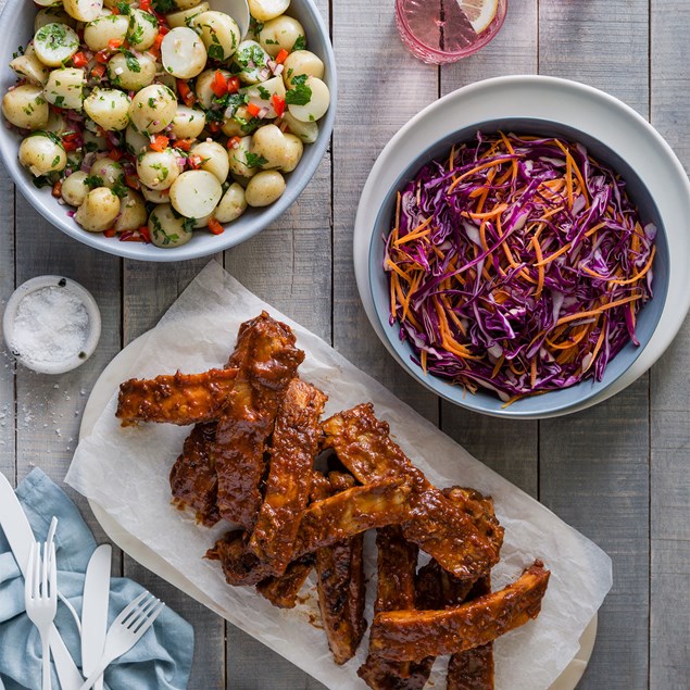 BBQ Pork Ribs with Potato Salad and Slaw