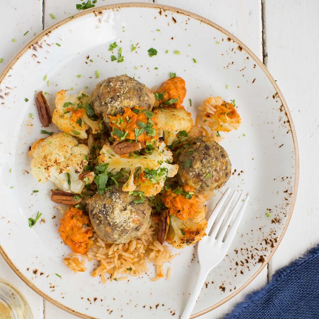 Serbian Meatballs with Paprika Pilaf, Roasted Cauliflower and Sauce Ajvar