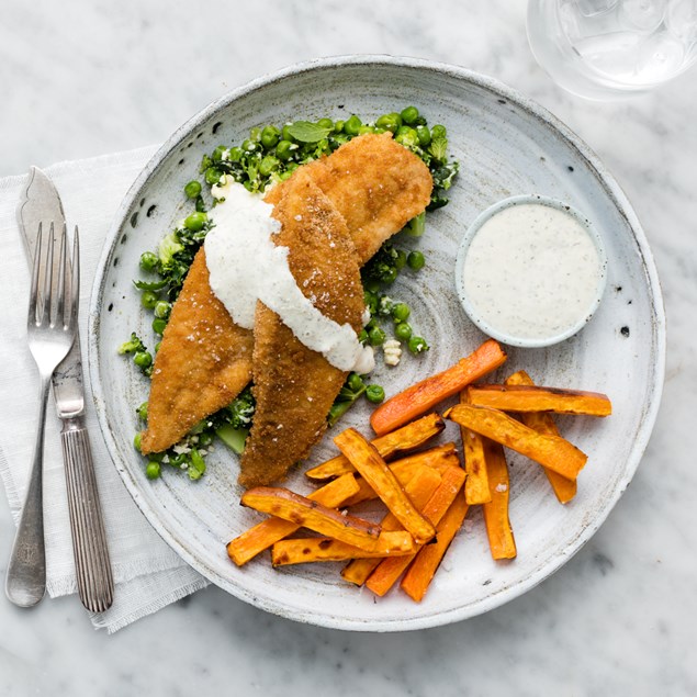 Crumbed Fish with Kumara Chips & Pea Feta Crush