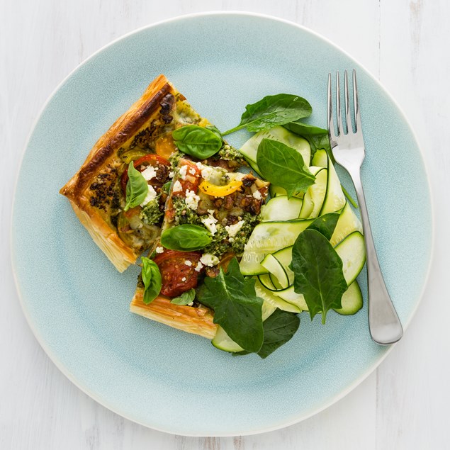Tomato and Basil Pesto Tart with Spinach Salad