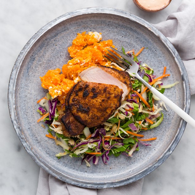 Pork Sirloin Steak with Kumara Feta Crush & Apple Slaw