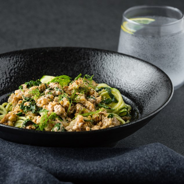 Pork & Fennel Carbonara with Spinach Spaghetti