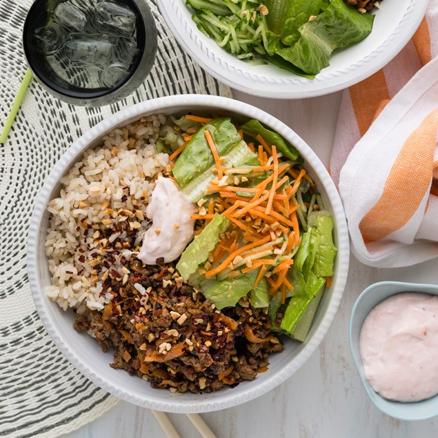 Japanese Beef Bowls with Cucumber Sticks & Pink Mayo