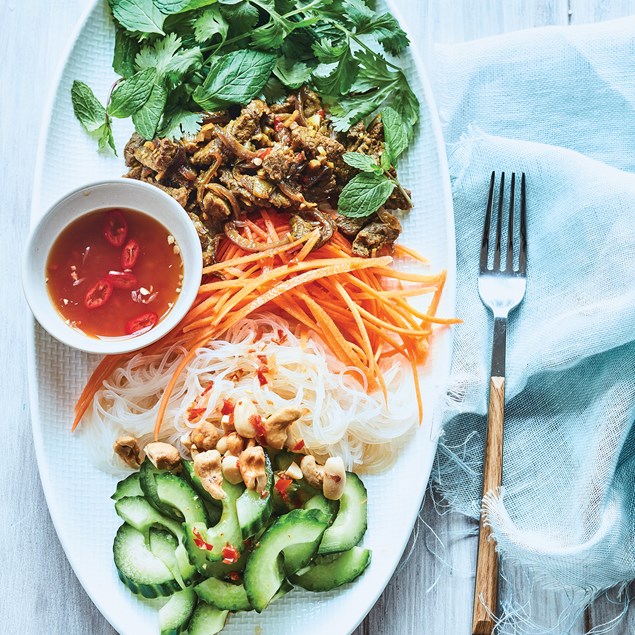 Lemongrass Beef Vermicelli Noodles with Fresh Herbs and Vegetables