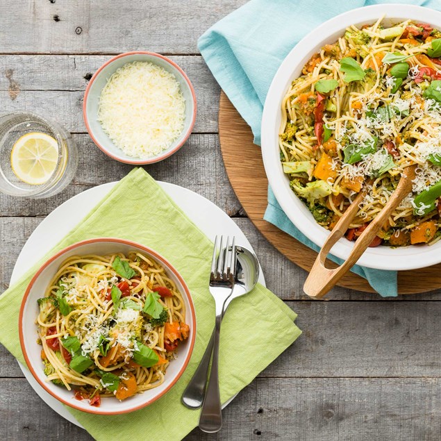 Pesto Spaghetti with Cherry Tomatoes, Broccoli and Mapled Pumpkin