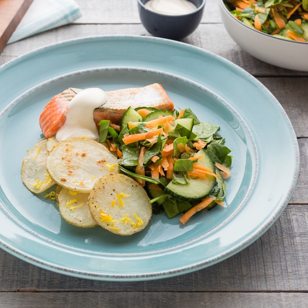 Pan-Fried Salmon with Lemon Mayo and Zesty Potato Rounds