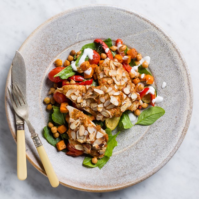 Moroccan-Baked Fish with spice-roasted capsicum, courgette, spinach and chickpeas