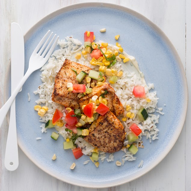 Spanish Fish with Sweetcorn Salsa and Spiced Rice 