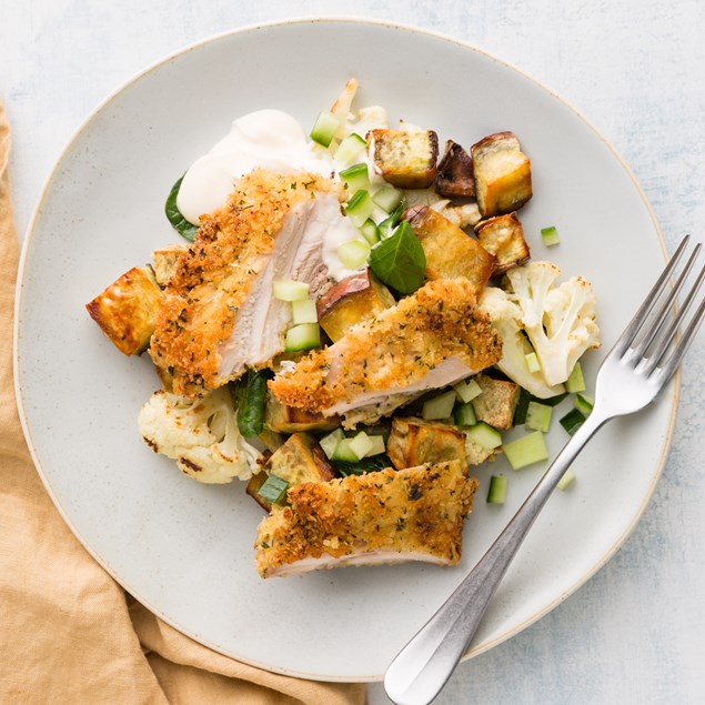 Herb Crumbed Chicken with Moe Moe Potatoes