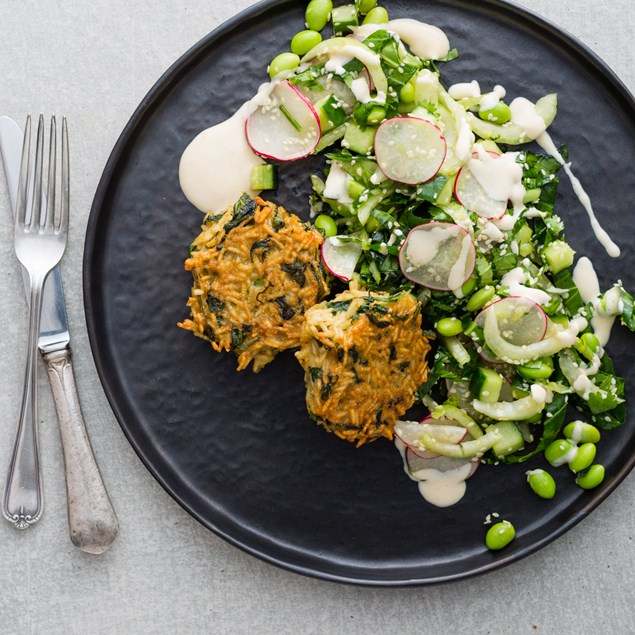 Crispy Rice Cakes with Japanese Edamame Salsa and Miso Drizzle