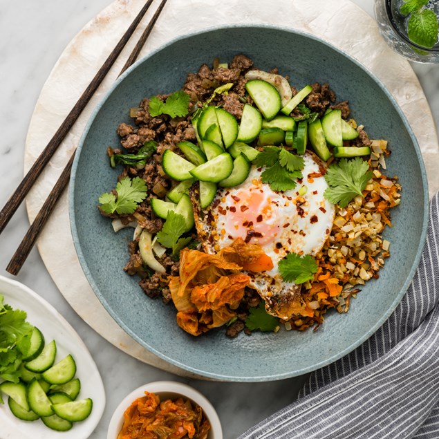 Korean Beef Bibimbap with Cauliflower Rice & Kimchi