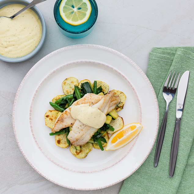 Pan-Fried Fish with Kumara Rounds and Hollandaise Sauce
