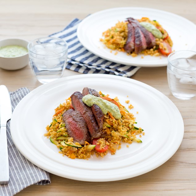 Pan-Fried Beef Steak with Bulgur Salad and Pesto Mayonnaise