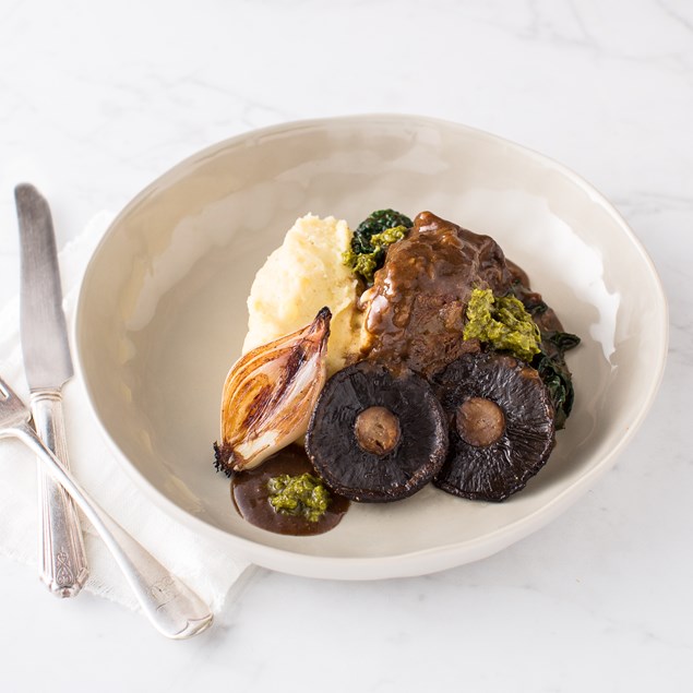 Slow Braised Beef Cheek with Porcini Mash and Portobello Mushrooms