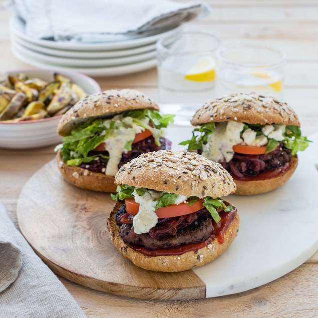 Venison Burgers with Caramelised Sticky Onions and Kumara Fries