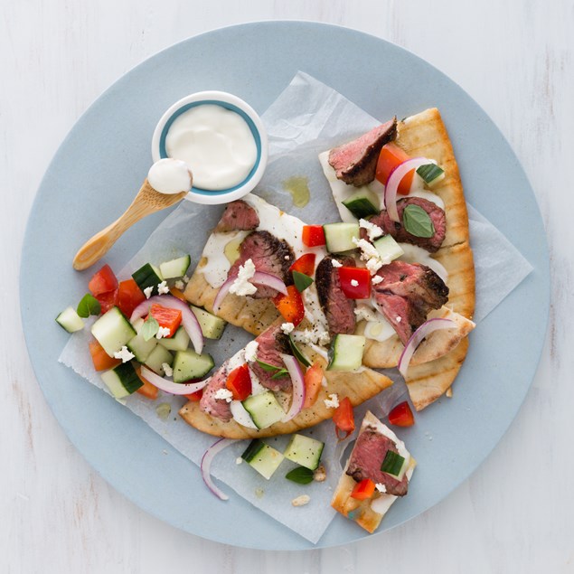 Seared Lamb Flat Breads with Greek Salad