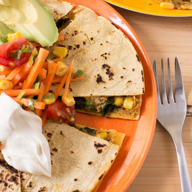 Spinach and Refried Bean Quesadillas with Mexican Salad