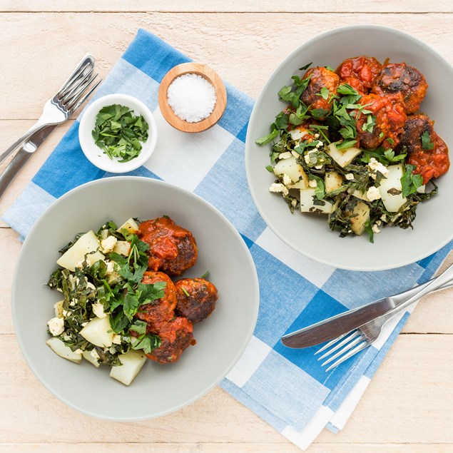 Lamb Meatballs with Tomato Sauce and Feta Potatoes