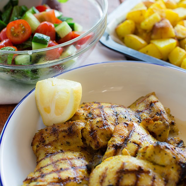 BBQ Chicken Thighs with Roasted Potatoes and Tomato Salad