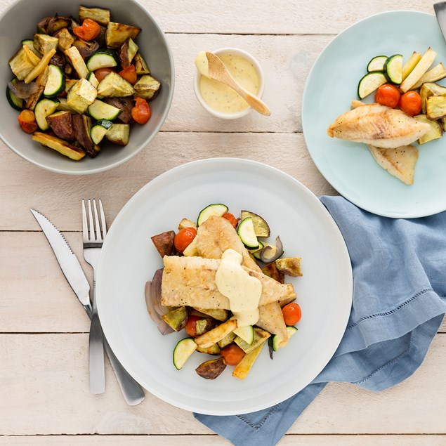 PAN-FRIED FISH WITH ROAST VEGGIES AND HOLLANDAISE SAUCE