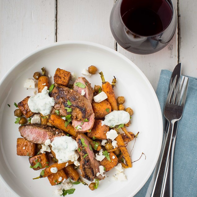 Harissa Grilled Lamb Rump with Maple Roasted Kumara, Chickpeas and Feta