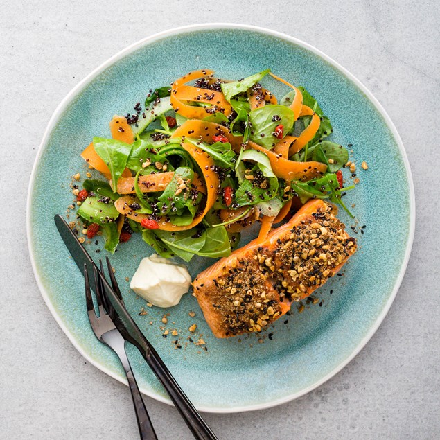 Asian Peanut Dukkah-Crusted Salmon with Wasabi Cream