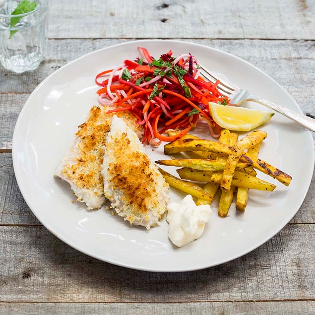Lemon Panko Fish with Mixed Chips, Roast Garlic Aioli and Slaw