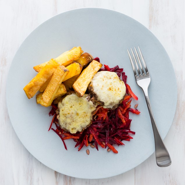 Naked Beef Burgers with Beetroot Carrot Salad and Chunky Chips