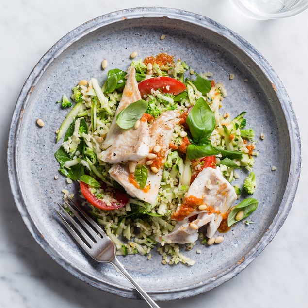 Tomato Pesto Fish with Freekeh and Tomato Salad