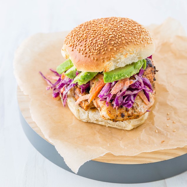 Chicken and Avocado Burgers with Apple Slaw