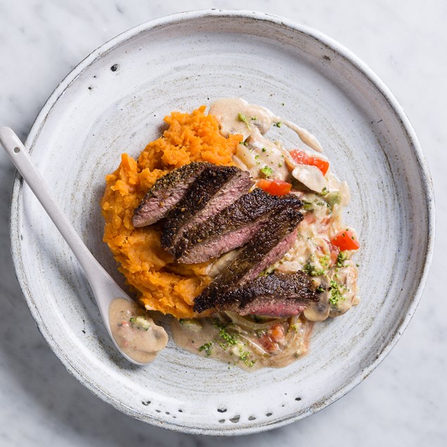 Beef Pave Steak with Pumpkin Mash and Mushroom Sauce