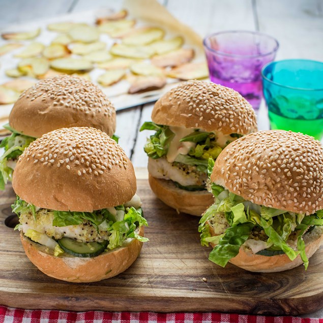 Lemon Pepper Crumbed Fish Burgers with Potato Rounds