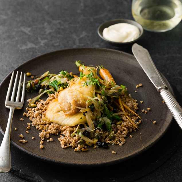 Pan Fried Fish with Farro and Sicilian Salsa 