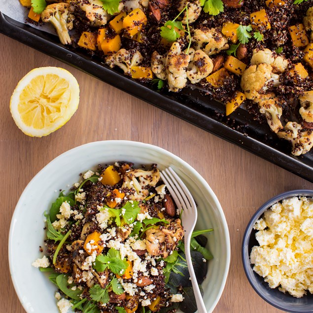 Warm Spice-Roasted Veg and Quinoa Salad with Feta, Dates and Tamari Almonds