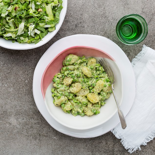 Potato Gnocchi with Avocado Pea Puree and Courgette Salad