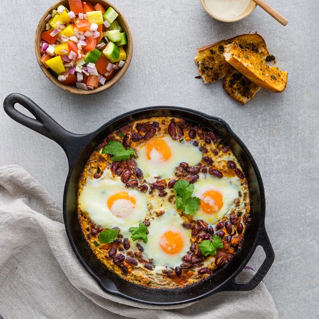 South American Eggs with Chilli Beans and Chimichurri Ciabatta