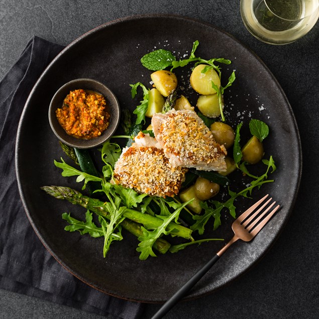 Macadamia Crusted Fish with Asparagus and Red Pepper Pesto