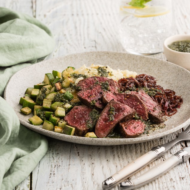 Venison Medallions with Caramelised Onion & Salsa Verde