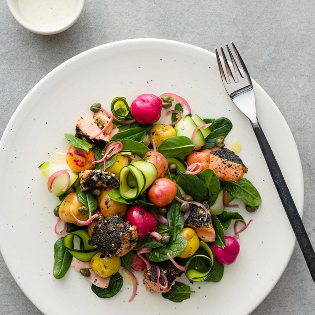 Warm Salmon Salad with Earth Gems and Dill Dressing