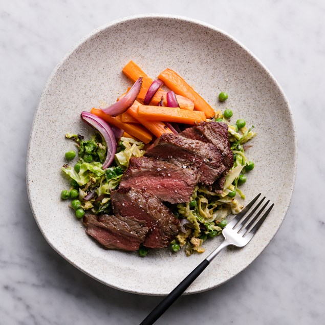 Beef Sirloin Steaks with Roasted Vegetables and Truffle Salt