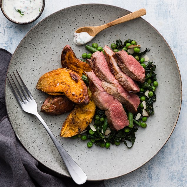 Lamb Steaks and Kumara with Garlic Greens 